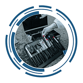 A forensic scientist removing sample containers from their case. The image is framed by a circular, futuristic design.